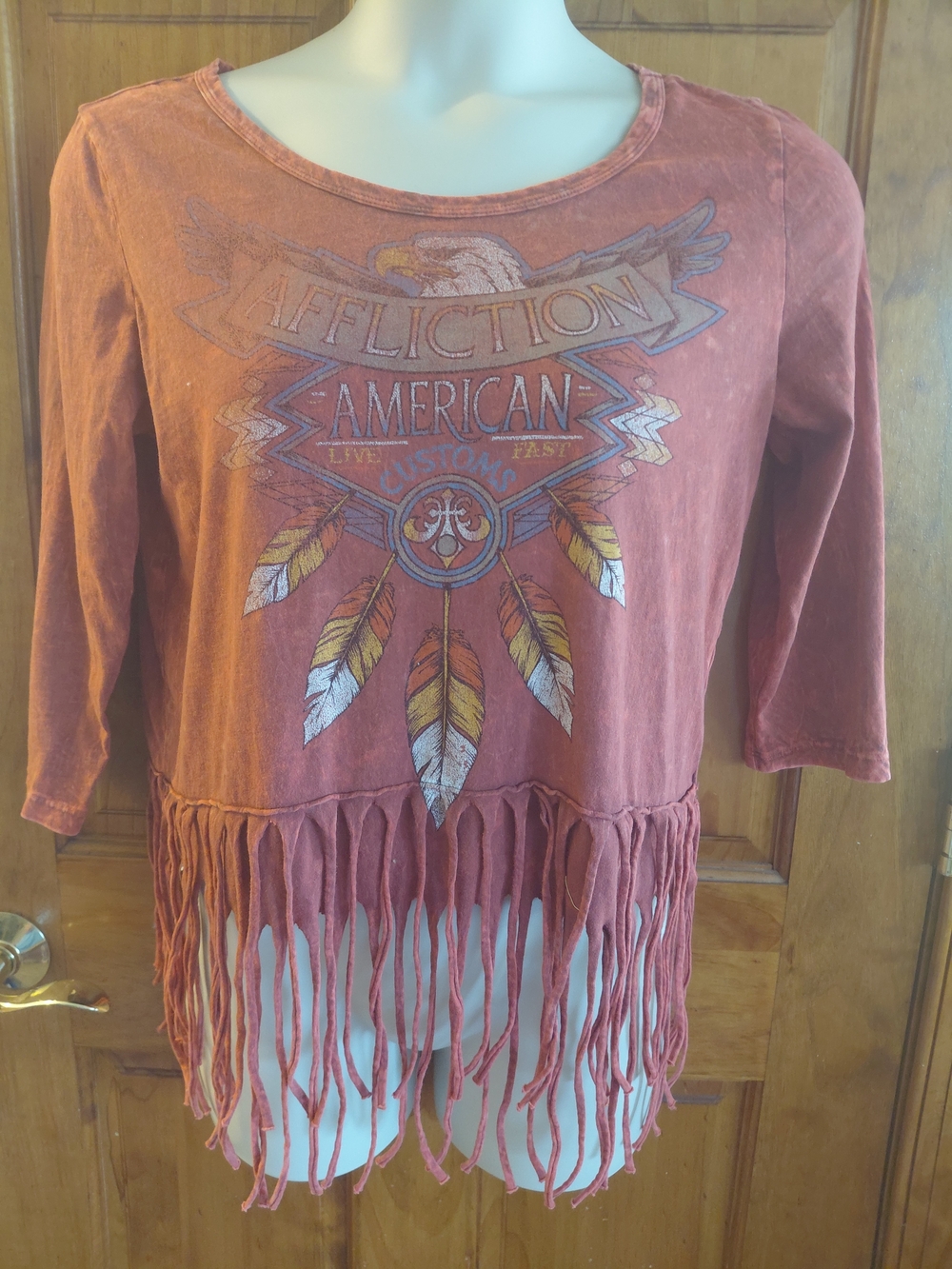 Affliction Women's Rust Red Fringe Graphic Crop Top